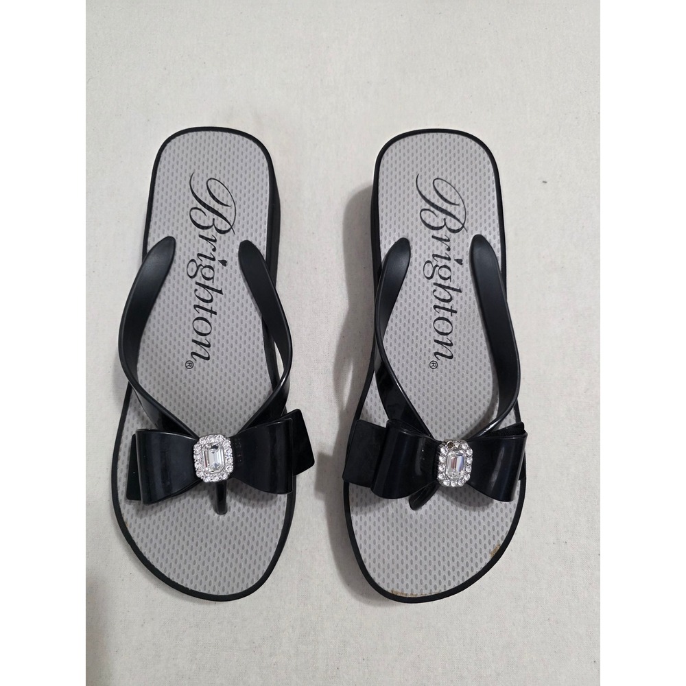 Brighton Women Size 9 Black Gray Crystal Bow Flip Flop Wedge Thong Sandal Cruise